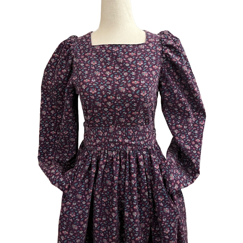 🚫Sold🚫Vintage Laura Ashley Purple Corduroy Floral Puff Sleeve A-line Dress - Picture 11 of 14
